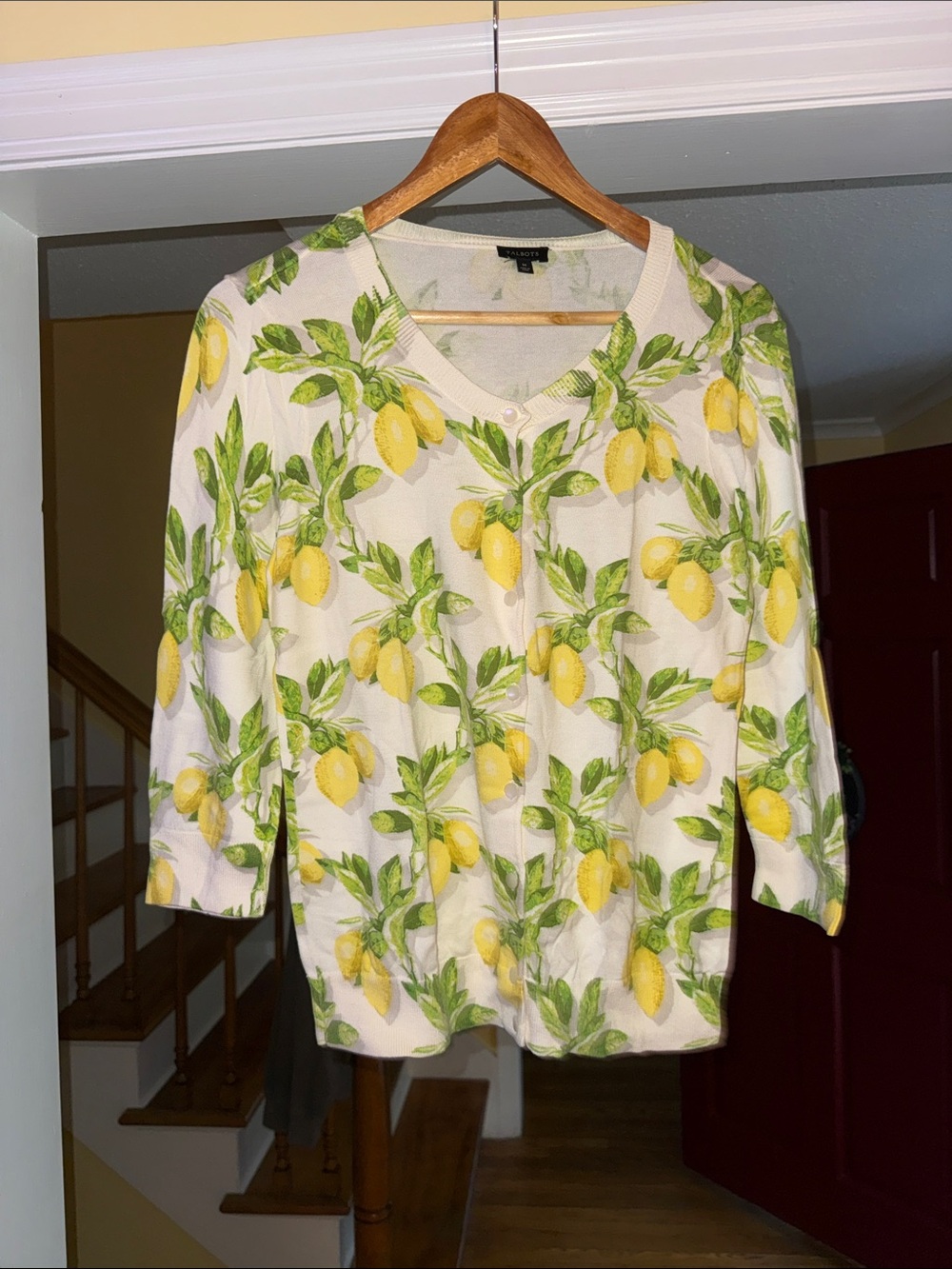Talbots Cream Cardigan with Yellow Lemon & Green Leaf Print